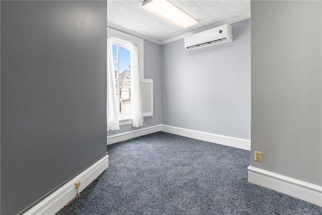 unfurnished room featuring a wall unit AC, carpet flooring, a healthy amount of sunlight, and crown molding