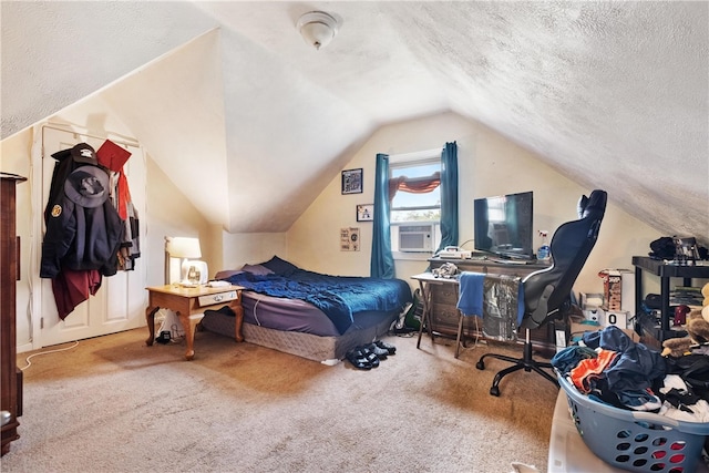 bedroom featuring cooling unit, light carpet, lofted ceiling, and a textured ceiling