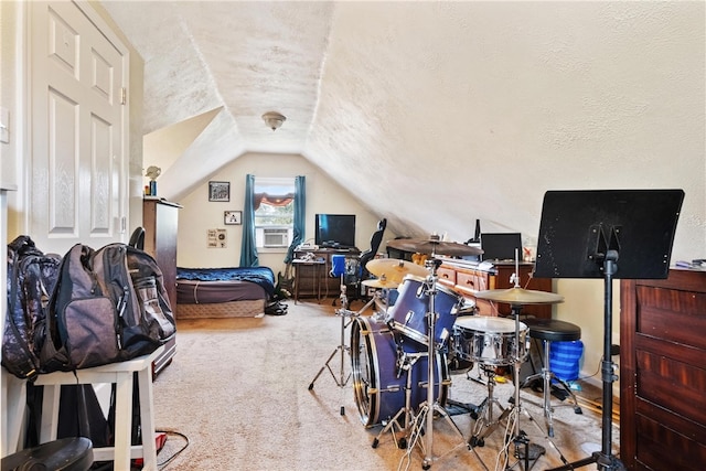 carpeted home office with a textured ceiling and lofted ceiling