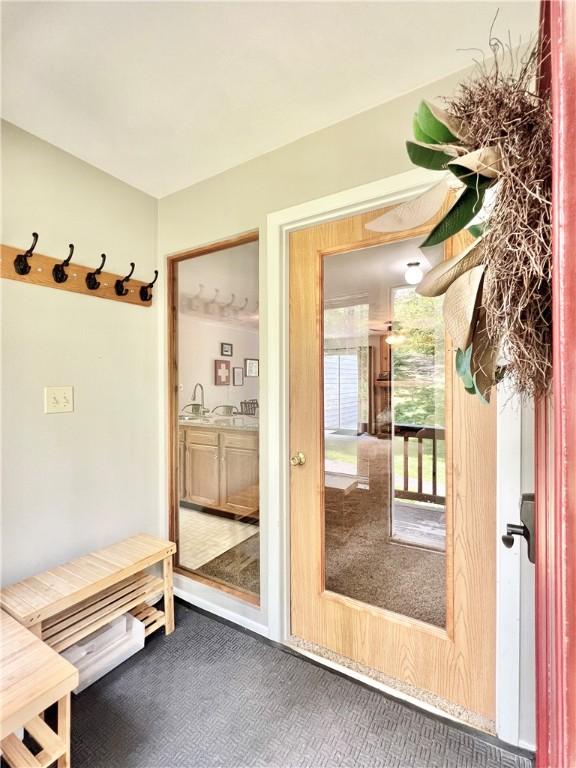 mudroom with carpet floors