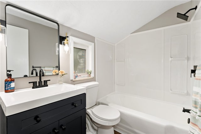 full bathroom with vanity, shower / bath combo with shower curtain, vaulted ceiling, and toilet