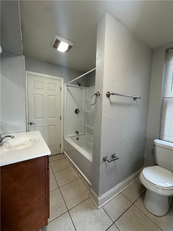 full bathroom with vanity, shower / bath combination, tile patterned flooring, and toilet