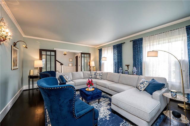 living room featuring dark wood-type flooring and crown molding