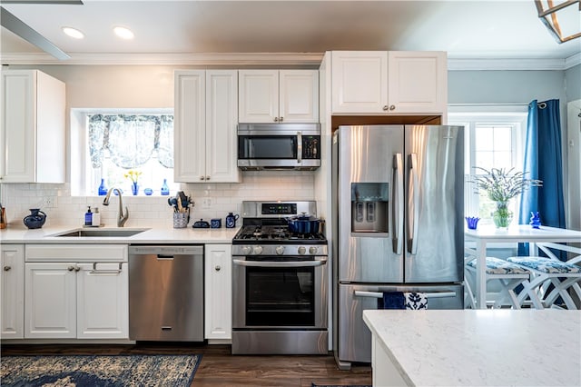 kitchen with white cabinetry, tasteful backsplash, dark hardwood / wood-style flooring, appliances with stainless steel finishes, and sink