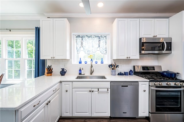 kitchen with kitchen peninsula, appliances with stainless steel finishes, hardwood / wood-style flooring, and sink