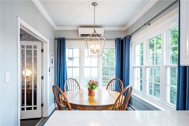 dining room featuring a wall mounted air conditioner, plenty of natural light, crown molding, and a notable chandelier