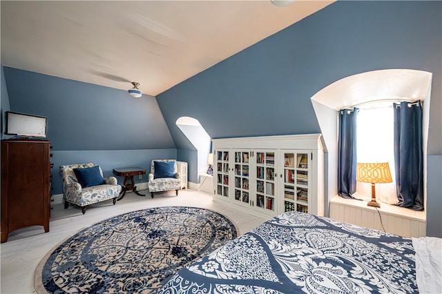 bedroom featuring vaulted ceiling