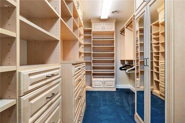 spacious closet featuring dark colored carpet