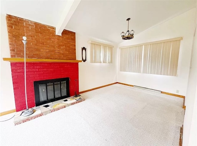 unfurnished living room featuring carpet, a brick fireplace, and lofted ceiling with beams