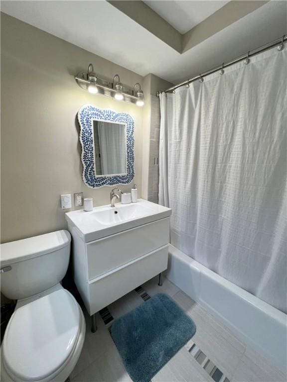 full bath with toilet, tile patterned flooring, vanity, and shower / bathtub combination with curtain