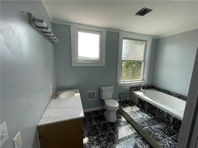 bathroom with vanity, ornamental molding, toilet, tile patterned flooring, and a relaxing tiled tub