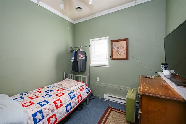 carpeted bedroom featuring ornamental molding, a baseboard heating unit, and ceiling fan