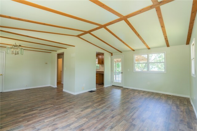 unfurnished living room featuring wood-type flooring, lofted ceiling with beams, and an inviting chandelier