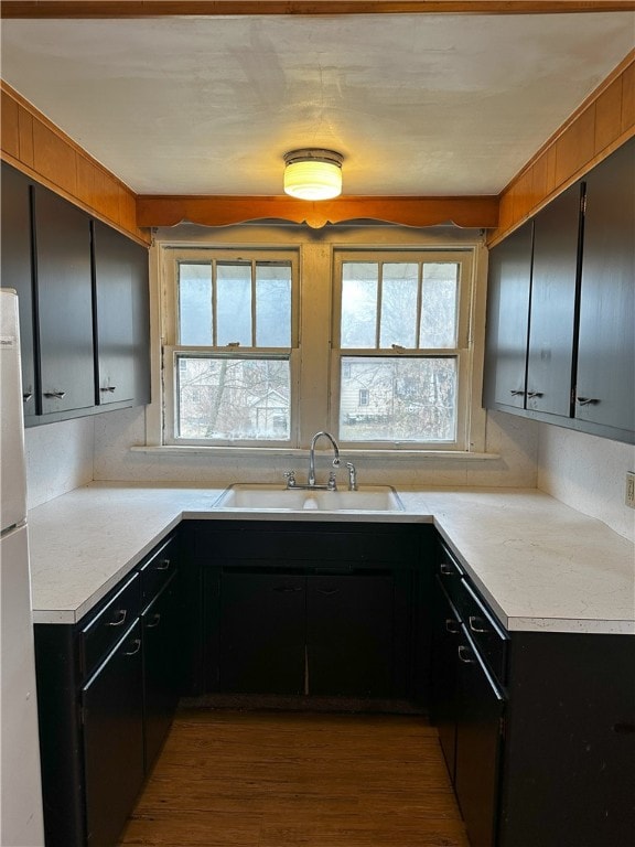 kitchen featuring white refrigerator, sink, and light hardwood / wood-style flooring