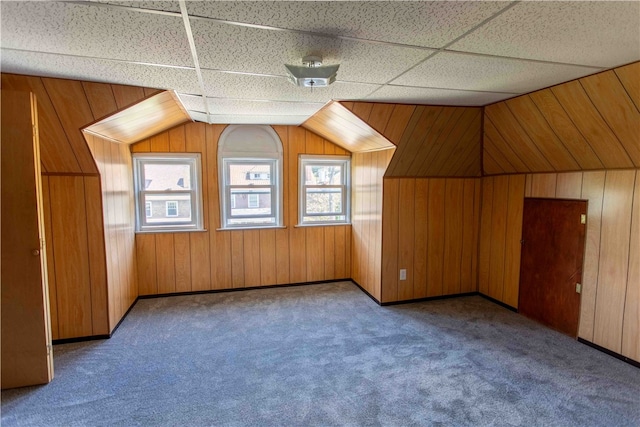 additional living space featuring wood walls, carpet, and vaulted ceiling