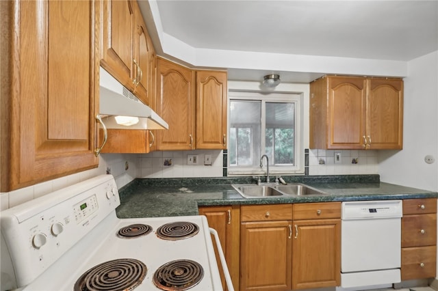 kitchen featuring decorative backsplash, dishwasher, stove, and sink