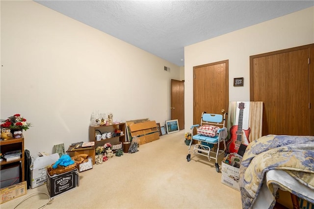 carpeted bedroom with a textured ceiling