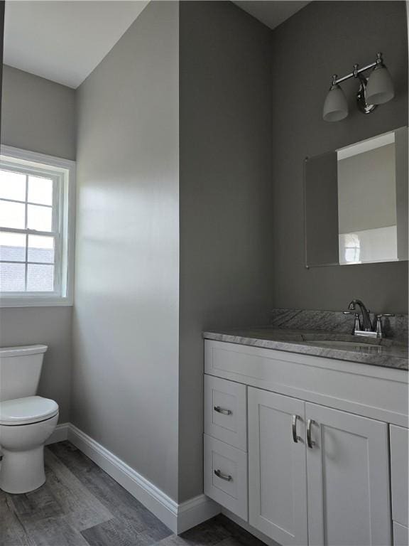 bathroom with vanity, wood-type flooring, and toilet