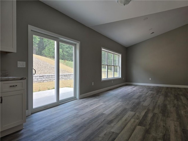 unfurnished room with lofted ceiling and wood-type flooring