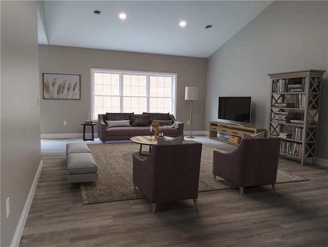 living room featuring dark hardwood / wood-style flooring and high vaulted ceiling