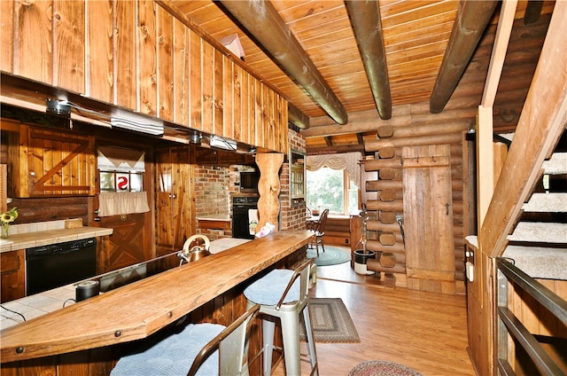 interior space featuring light hardwood / wood-style flooring, wood ceiling, wood walls, log walls, and beamed ceiling