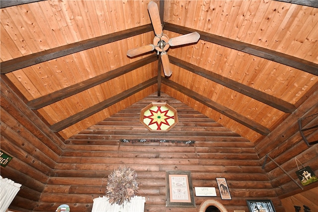 interior details with beam ceiling, rustic walls, and wooden ceiling