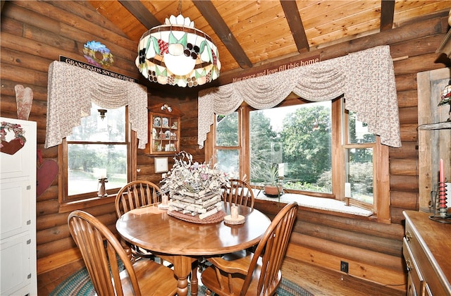 dining area featuring rustic walls, wooden ceiling, and lofted ceiling with beams