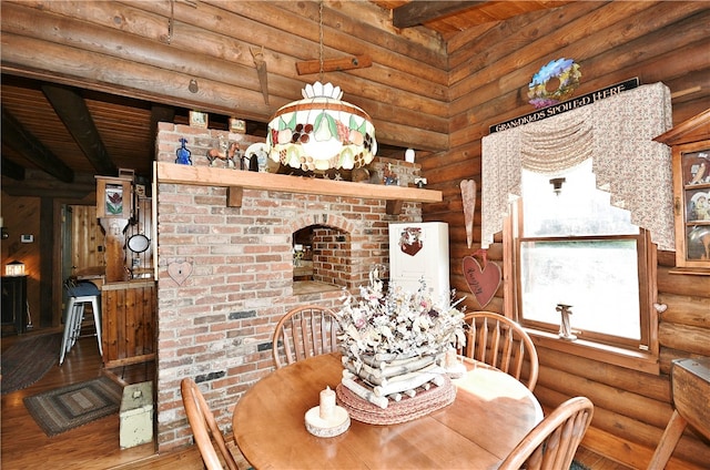 dining room featuring log walls, beamed ceiling, wood-type flooring, and wood ceiling