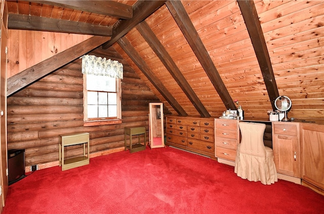 bonus room with rustic walls, carpet, wooden ceiling, and lofted ceiling with beams