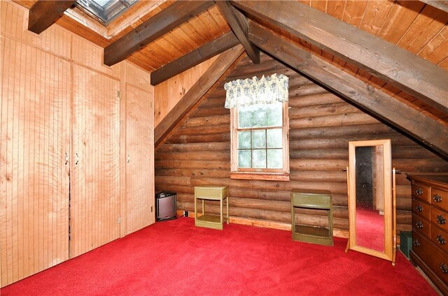 additional living space with carpet, high vaulted ceiling, log walls, beam ceiling, and wooden ceiling