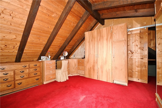 bonus room with vaulted ceiling with beams, wood ceiling, and wooden walls