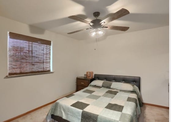 carpeted bedroom with ceiling fan