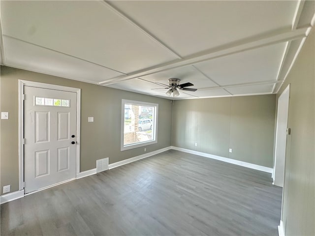 foyer entrance featuring ceiling fan and wood-type flooring