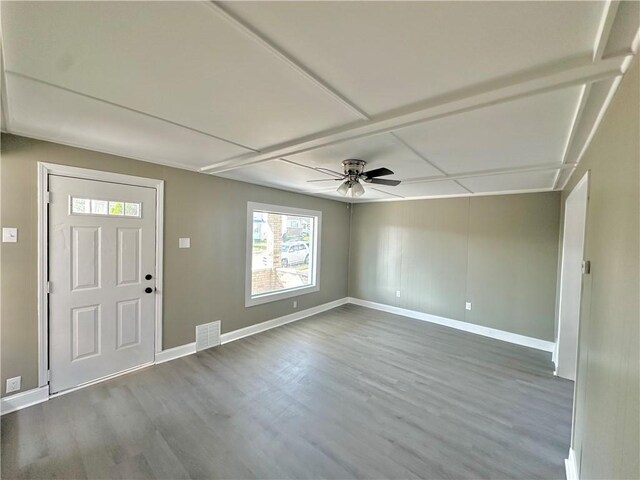 foyer with hardwood / wood-style flooring and ceiling fan