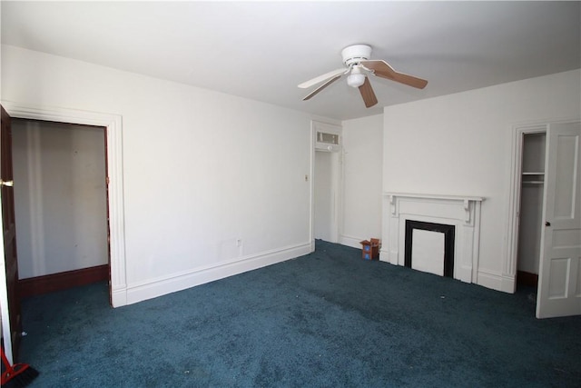 814 Etna St, Mckees Rocks, PA 15136 - unfurnished living room with carpet, a fireplace, ceiling fan, and baseboards