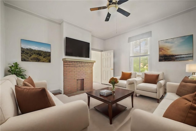 living room with a fireplace, light colored carpet, and ceiling fan