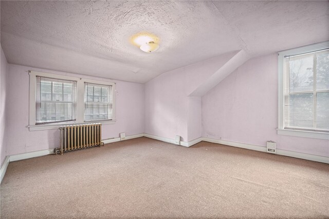 additional living space with a textured ceiling, radiator, light carpet, and vaulted ceiling