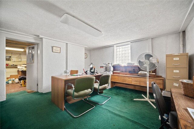 office space with dark colored carpet and a textured ceiling