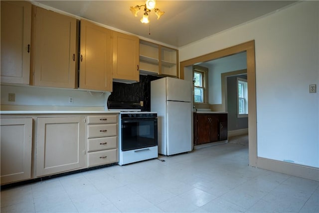 kitchen with white appliances, tasteful backsplash, and light brown cabinetry