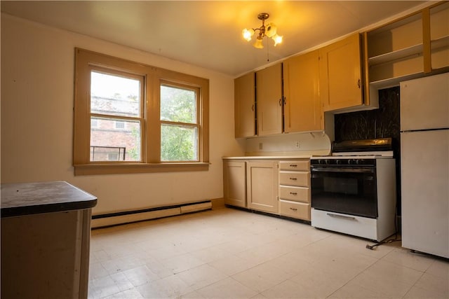 kitchen featuring a notable chandelier, backsplash, white appliances, and a baseboard heating unit