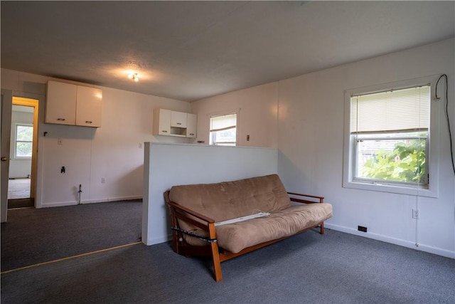 sitting room featuring dark colored carpet