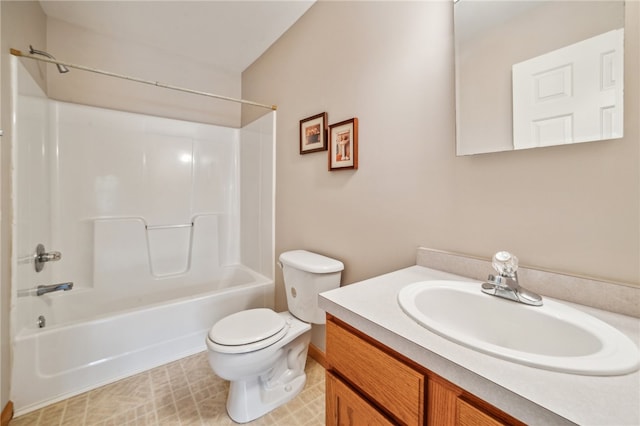 full bathroom with vanity, tile patterned flooring,  shower combination, and toilet