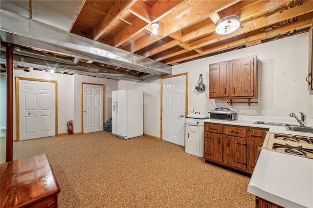 interior space with sink, white fridge with ice dispenser, and light colored carpet