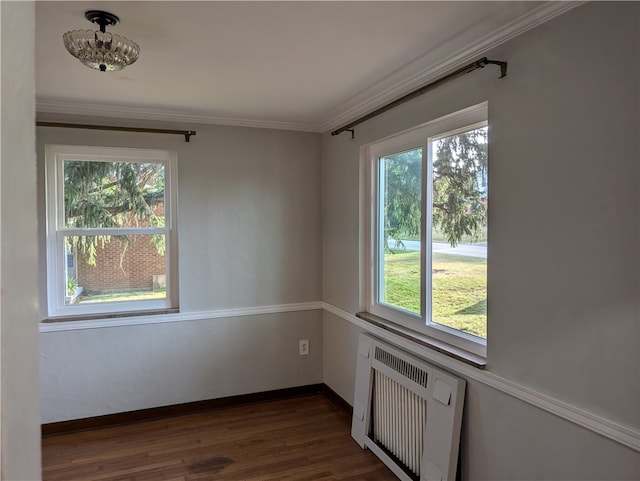 unfurnished room featuring dark hardwood / wood-style floors, radiator, and ornamental molding