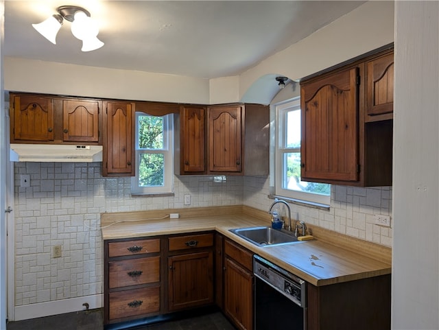 kitchen featuring sink, dishwasher, tasteful backsplash, and plenty of natural light