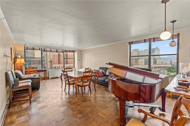 112 Washington Pl Unit 7E, Downtown Pgh, PA 15219 - dining room featuring crown molding and a view of city