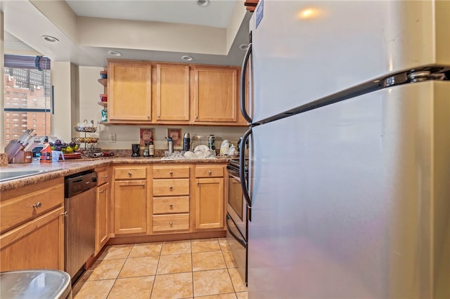 112 Washington Pl Unit 7E, Downtown Pgh, PA 15219 - kitchen featuring freestanding refrigerator, dishwasher, light tile patterned floors, light countertops, and recessed lighting