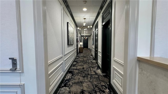 112 Washington Pl Unit 7E, Downtown Pgh, PA 15219 - hall featuring a decorative wall, an ornate ceiling, dark carpet, and recessed lighting