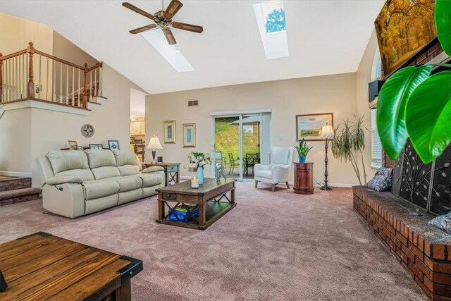 carpeted living room featuring high vaulted ceiling and ceiling fan