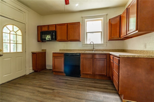 kitchen with sink, dark hardwood / wood-style floors, and black appliances